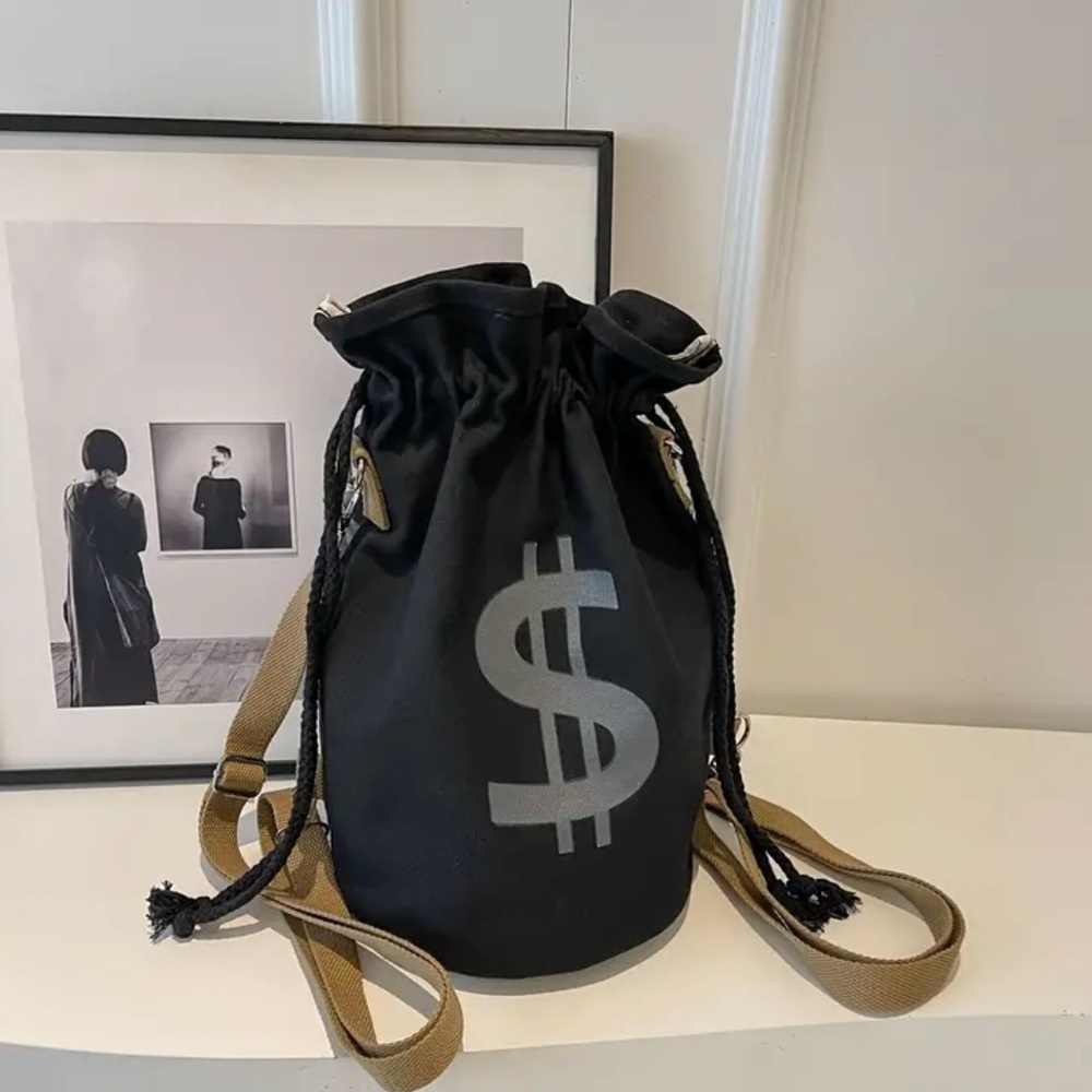 Black Drawstring Backpack with Dollar Sign
